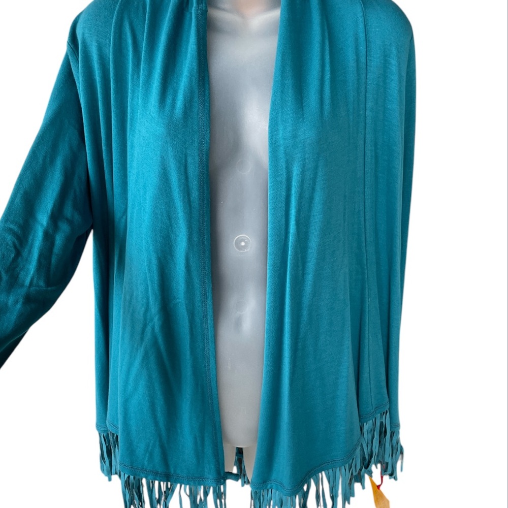 Ruby Rd Teal Fringe cardigan sweater shrug NWT oversized XS Fall over sized